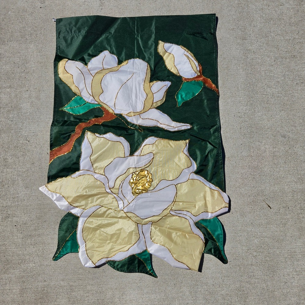 Vintage 1999 Magnolia Flower Garden Flag 42x27 Green Gold Applique